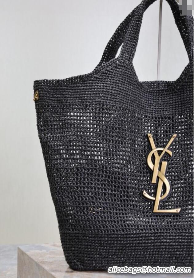 Buy Discount Saint Laurent Icare Maxi Shopping Bag in Woven Raffia Straw 698651 Black 2025