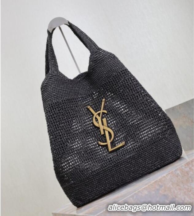 Buy Discount Saint Laurent Icare Maxi Shopping Bag in Woven Raffia Straw 698651 Black 2025