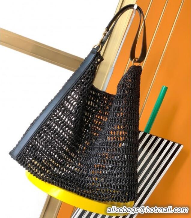 Top Design Saint Laurent Oxalis Shoulder Bag in Raffia Straw Crochet Net 773984 Black 2025