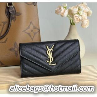 Good Taste Saint Laurent Envelope Flap Long Wallet in Grained Leather 437469 Black/Gold 2025