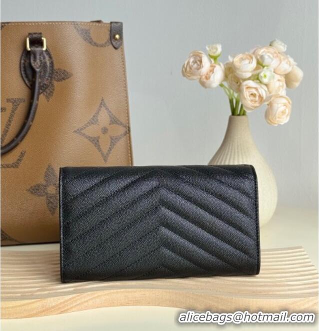 Good Taste Saint Laurent Envelope Flap Long Wallet in Grained Leather 437469 Black/Gold 2025