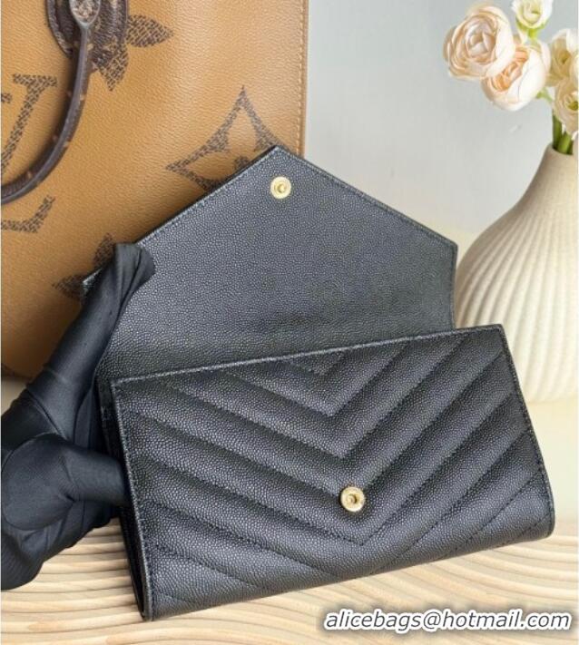 Good Taste Saint Laurent Envelope Flap Long Wallet in Grained Leather 437469 Black/Gold 2025