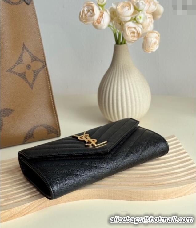 Good Taste Saint Laurent Envelope Flap Long Wallet in Grained Leather 437469 Black/Gold 2025