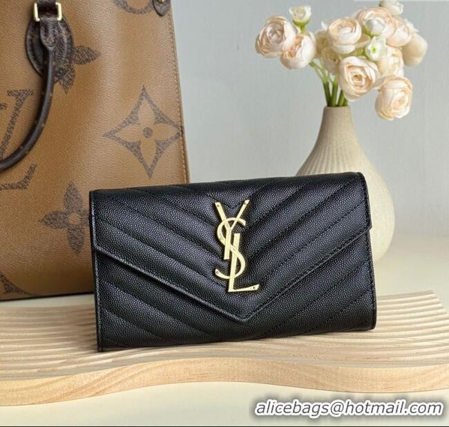 Good Taste Saint Laurent Envelope Flap Long Wallet in Grained Leather 437469 Black/Gold 2025
