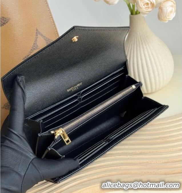 Good Taste Saint Laurent Envelope Flap Long Wallet in Grained Leather 437469 Black/Gold 2025