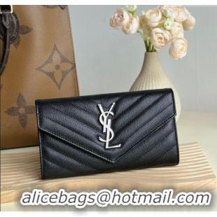 Shop Discount Saint Laurent Envelope Flap Long Wallet in Grained Leather 437469 Black/Silver 2025