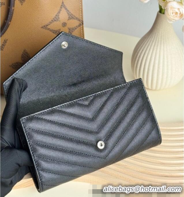 Shop Discount Saint Laurent Envelope Flap Long Wallet in Grained Leather 437469 Black/Silver 2025