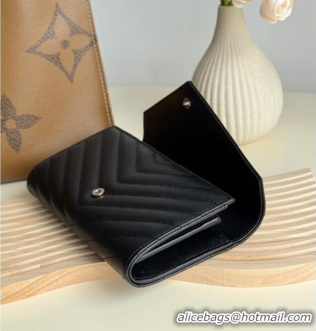Shop Discount Saint Laurent Envelope Flap Long Wallet in Grained Leather 437469 Black/Silver 2025