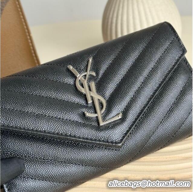 Shop Discount Saint Laurent Envelope Flap Long Wallet in Grained Leather 437469 Black/Silver 2025