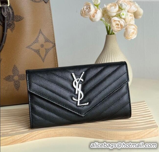 Shop Discount Saint Laurent Envelope Flap Long Wallet in Grained Leather 437469 Black/Silver 2025
