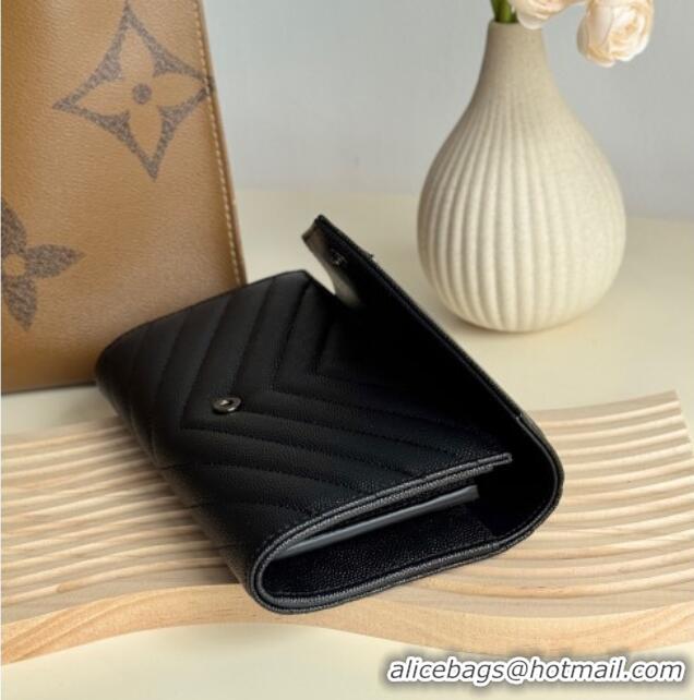Cheap Price Saint Laurent Envelope Flap Long Wallet in Grained Leather 437469 All Black 2025