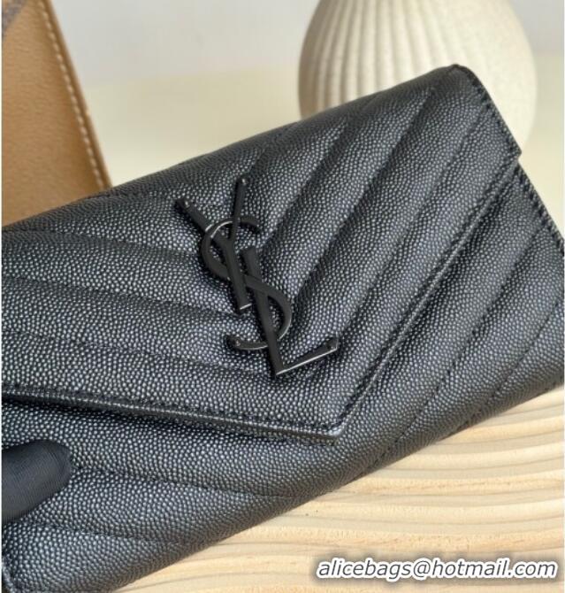 Cheap Price Saint Laurent Envelope Flap Long Wallet in Grained Leather 437469 All Black 2025