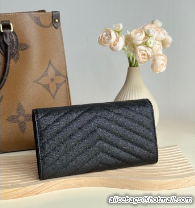 Cheap Price Saint Laurent Envelope Flap Long Wallet in Grained Leather 437469 All Black 2025