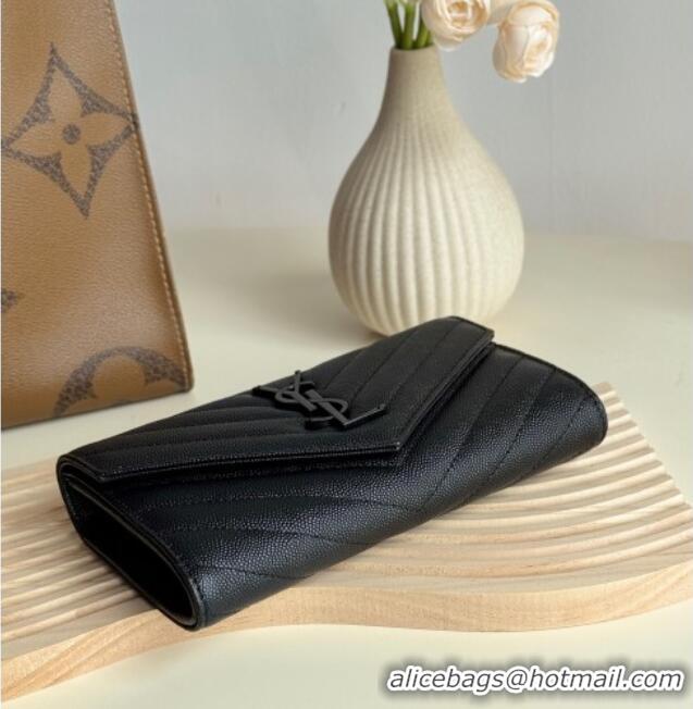 Cheap Price Saint Laurent Envelope Flap Long Wallet in Grained Leather 437469 All Black 2025