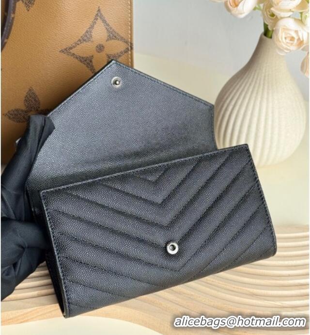 Cheap Price Saint Laurent Envelope Flap Long Wallet in Grained Leather 437469 All Black 2025