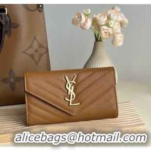 Most Popular Saint Laurent Envelope Flap Long Wallet in Grained Leather 437469 Brown 2025