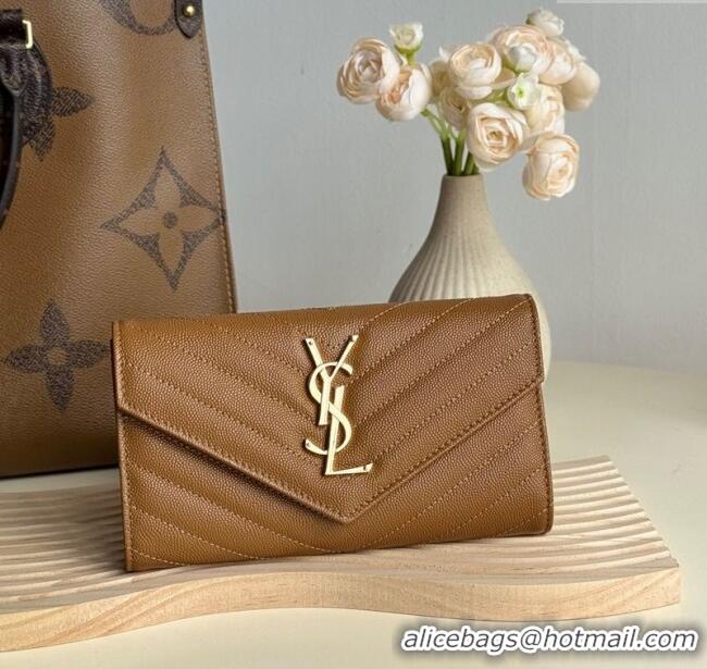 Most Popular Saint Laurent Envelope Flap Long Wallet in Grained Leather 437469 Brown 2025