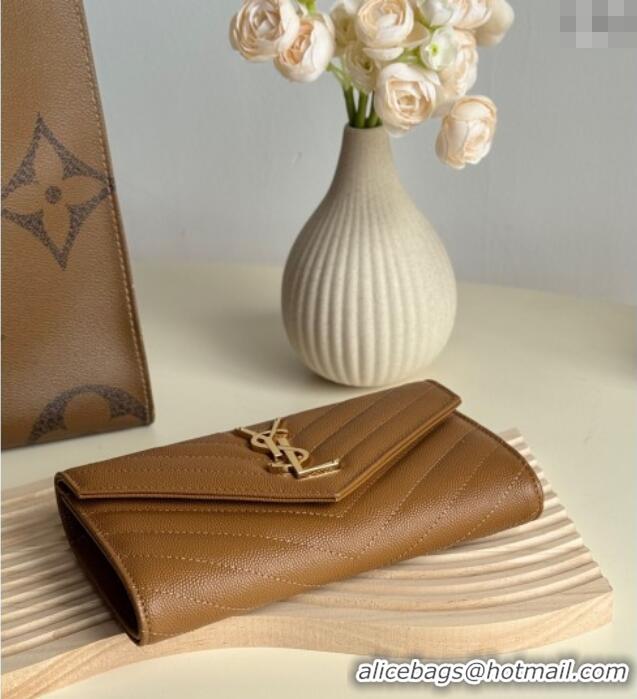Most Popular Saint Laurent Envelope Flap Long Wallet in Grained Leather 437469 Brown 2025