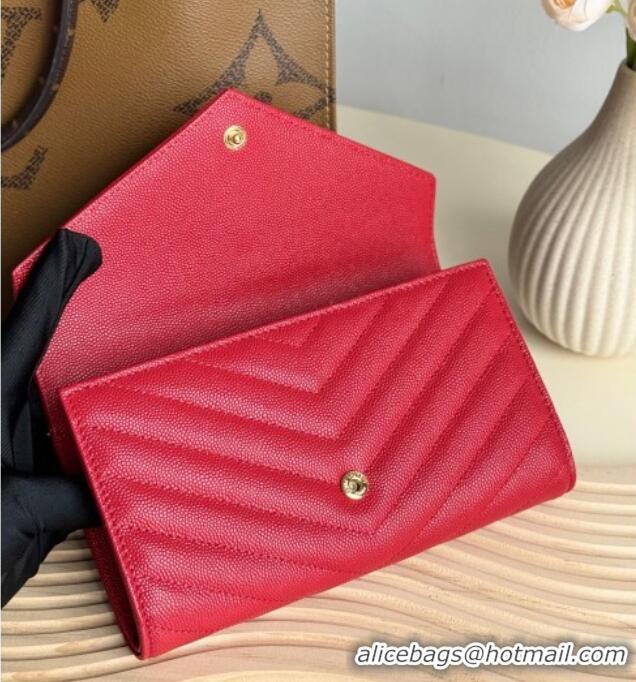 Famous Brand Saint Laurent Envelope Flap Long Wallet in Grained Leather 437469 Red 2025
