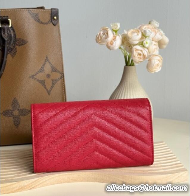 Famous Brand Saint Laurent Envelope Flap Long Wallet in Grained Leather 437469 Red 2025