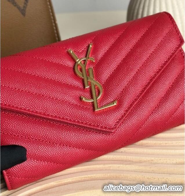 Famous Brand Saint Laurent Envelope Flap Long Wallet in Grained Leather 437469 Red 2025