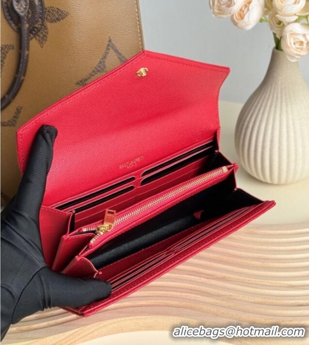 Famous Brand Saint Laurent Envelope Flap Long Wallet in Grained Leather 437469 Red 2025