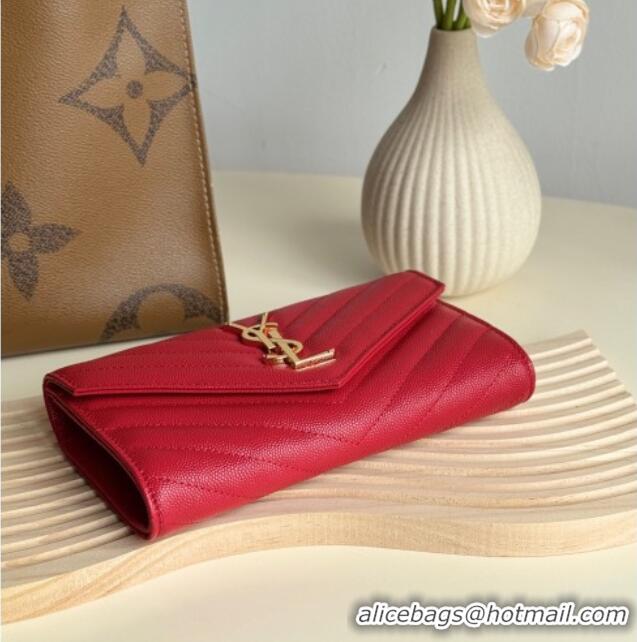 Famous Brand Saint Laurent Envelope Flap Long Wallet in Grained Leather 437469 Red 2025