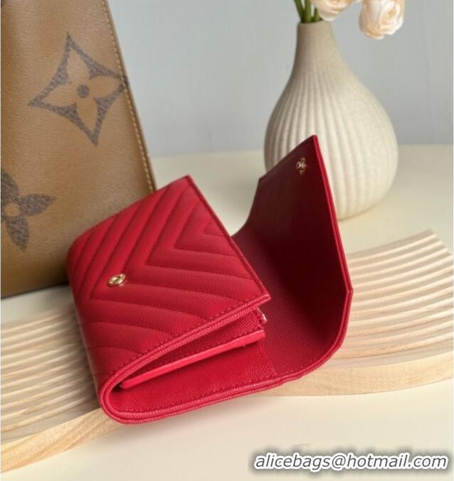 Famous Brand Saint Laurent Envelope Flap Long Wallet in Grained Leather 437469 Red 2025