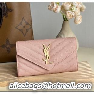 Low Cost Saint Laurent Envelope Flap Long Wallet in Grained Leather 437469 Light Pink 2025
