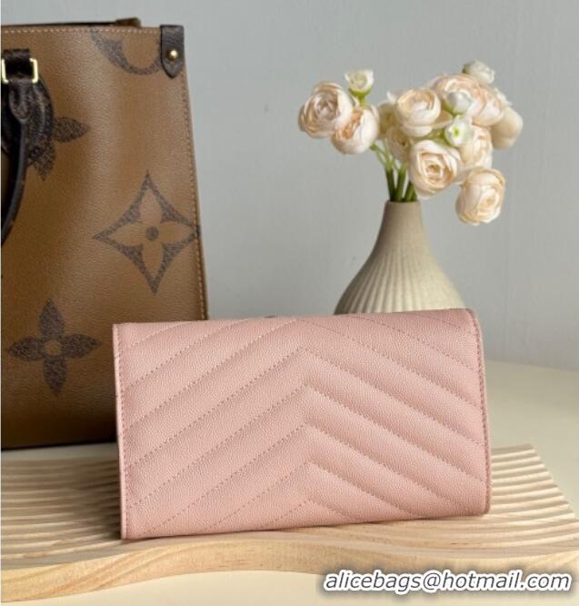 Low Cost Saint Laurent Envelope Flap Long Wallet in Grained Leather 437469 Light Pink 2025