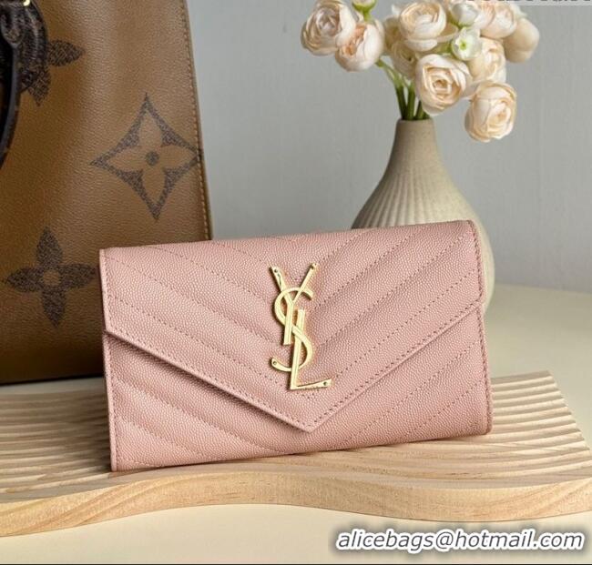 Low Cost Saint Laurent Envelope Flap Long Wallet in Grained Leather 437469 Light Pink 2025