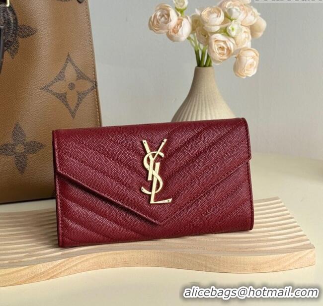 Free Shipping Saint Laurent Envelope Flap Long Wallet in Grained Leather 437469 Burgundy 2025
