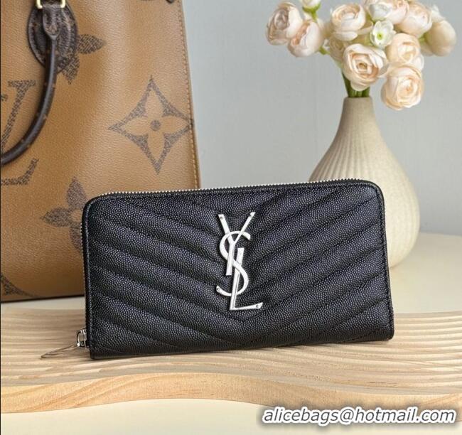 Discount Saint Laurent Cassandre Matelasse Zip Around Wallet in Grained Leather 358094 Black/Silver 2025