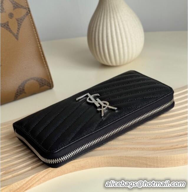 Discount Saint Laurent Cassandre Matelasse Zip Around Wallet in Grained Leather 358094 Black/Silver 2025