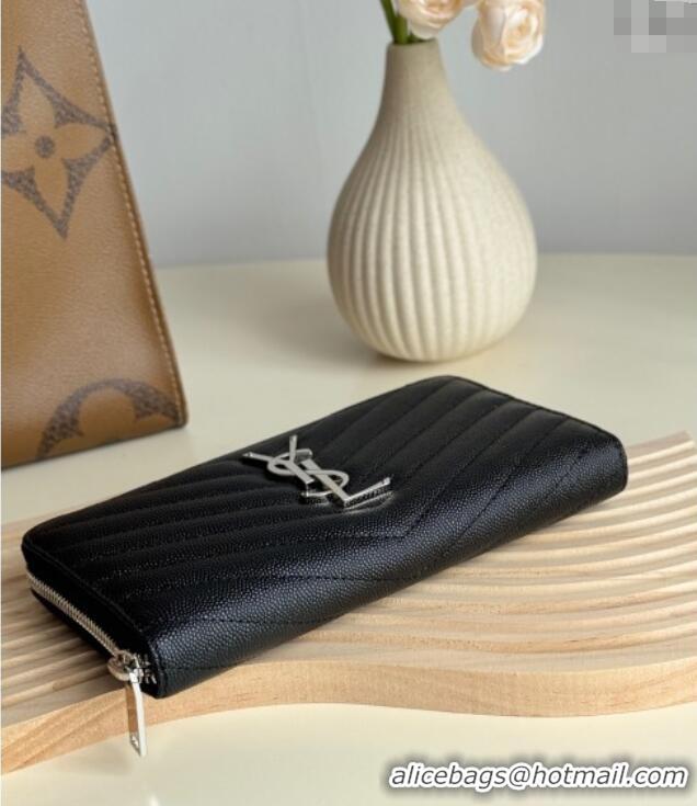 Discount Saint Laurent Cassandre Matelasse Zip Around Wallet in Grained Leather 358094 Black/Silver 2025