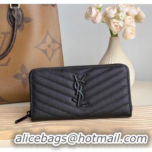 Promotional Saint Laurent Cassandre Matelasse Zip Around Wallet in Grained Leather 358094 All Black 2025
