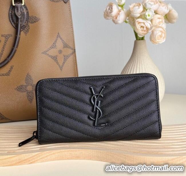 Promotional Saint Laurent Cassandre Matelasse Zip Around Wallet in Grained Leather 358094 All Black 2025