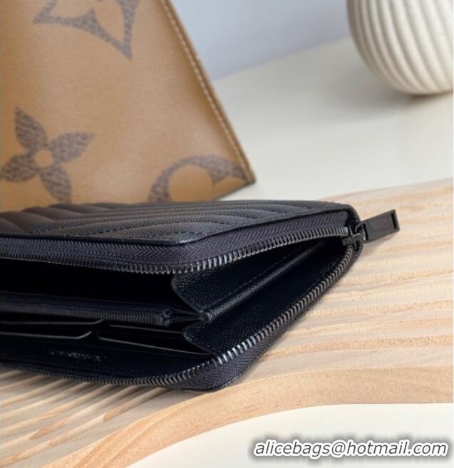 Promotional Saint Laurent Cassandre Matelasse Zip Around Wallet in Grained Leather 358094 All Black 2025