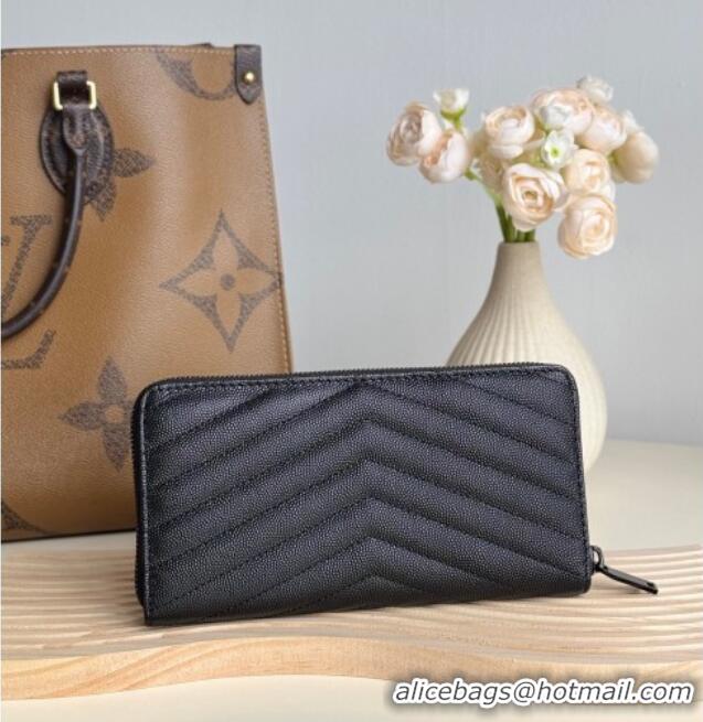Promotional Saint Laurent Cassandre Matelasse Zip Around Wallet in Grained Leather 358094 All Black 2025