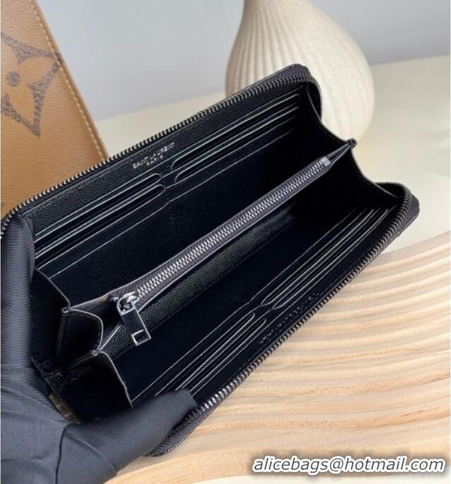 Promotional Saint Laurent Cassandre Matelasse Zip Around Wallet in Grained Leather 358094 All Black 2025
