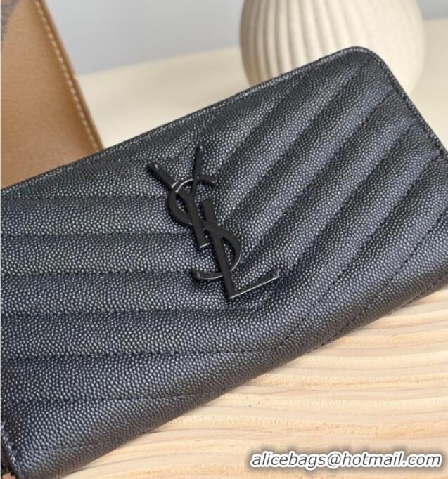 Promotional Saint Laurent Cassandre Matelasse Zip Around Wallet in Grained Leather 358094 All Black 2025
