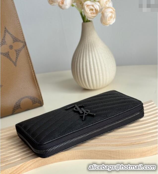 Promotional Saint Laurent Cassandre Matelasse Zip Around Wallet in Grained Leather 358094 All Black 2025