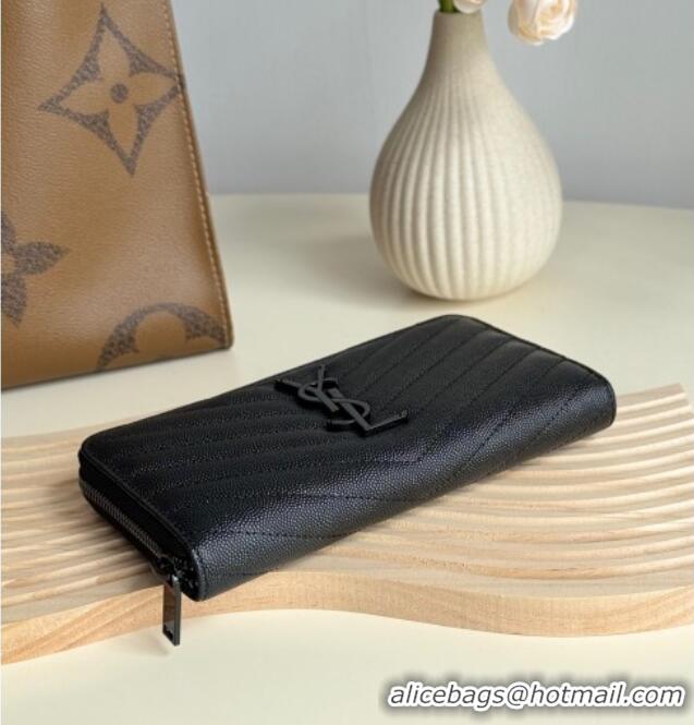 Promotional Saint Laurent Cassandre Matelasse Zip Around Wallet in Grained Leather 358094 All Black 2025