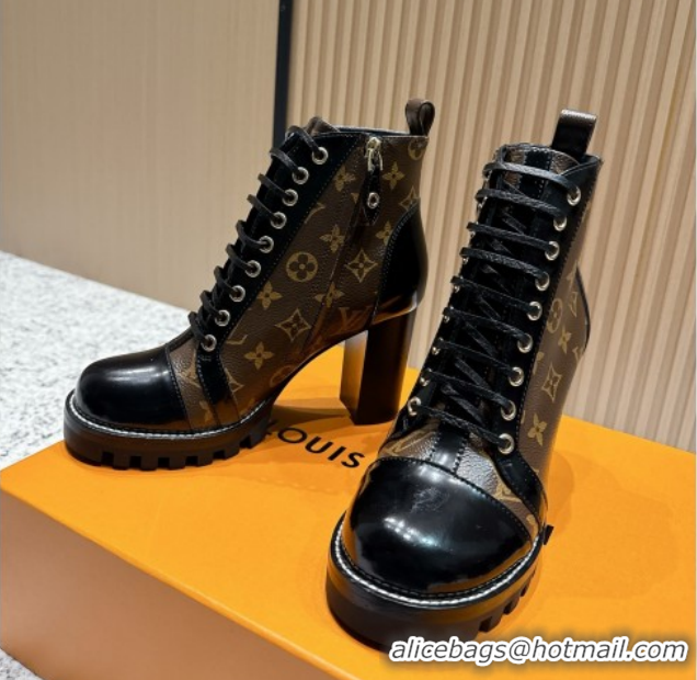 Luxury Louis Vuitton Star Trail Ankle Boots 9cm in Monogram Canvas & Shiny Calfskin LV111823 Black/Brown