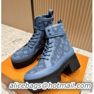 Fashion Louis Vuitton Laureate Platform Desert Ankle Boots in Monogram Denim 7cm LV111901 Blue