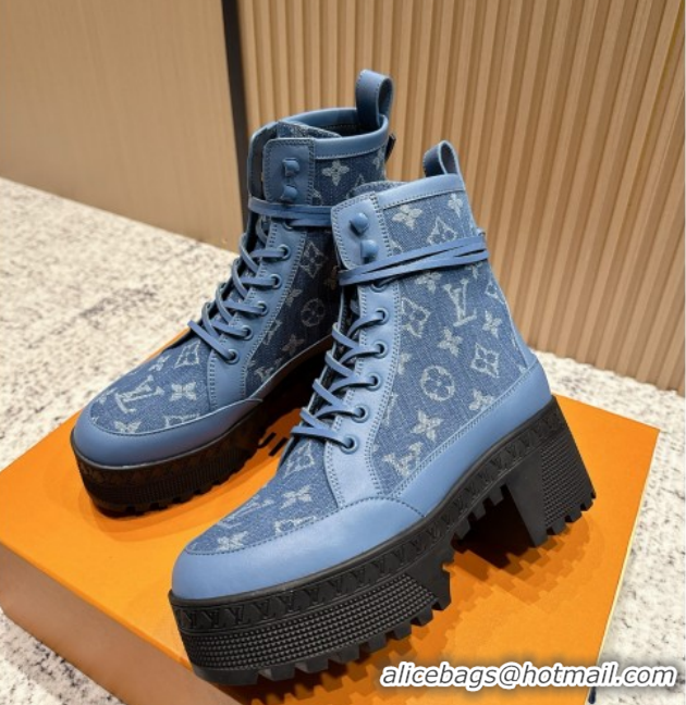 Fashion Louis Vuitton Laureate Platform Desert Ankle Boots in Monogram Denim 7cm LV111901 Blue