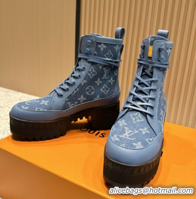 Fashion Louis Vuitton Laureate Platform Desert Ankle Boots in Monogram Denim 7cm LV111901 Blue