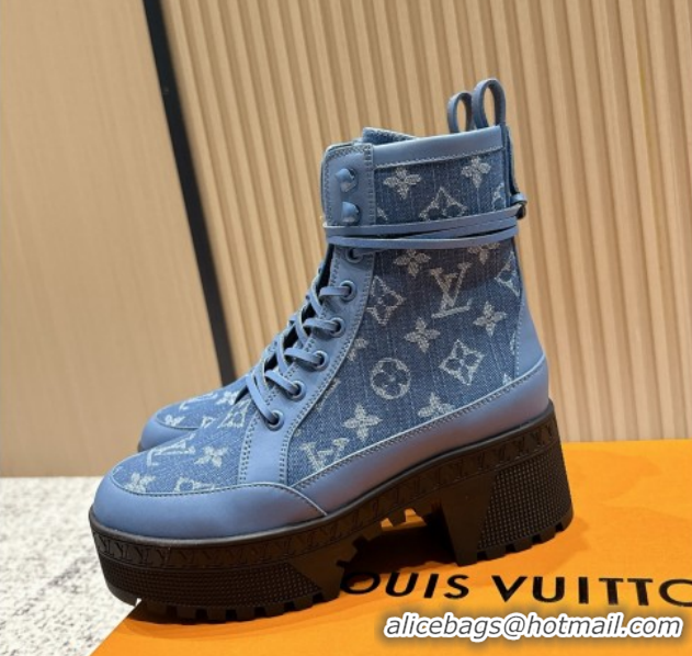 Fashion Louis Vuitton Laureate Platform Desert Ankle Boots in Monogram Denim 7cm LV111901 Blue