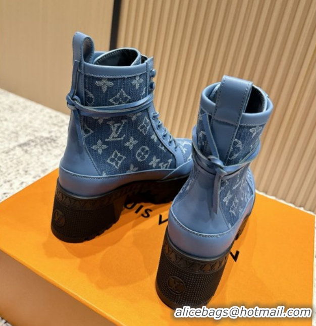 Fashion Louis Vuitton Laureate Platform Desert Ankle Boots in Monogram Denim 7cm LV111901 Blue