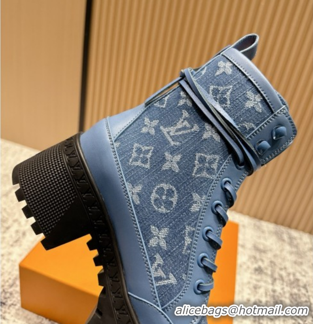 Fashion Louis Vuitton Laureate Platform Desert Ankle Boots in Monogram Denim 7cm LV111901 Blue
